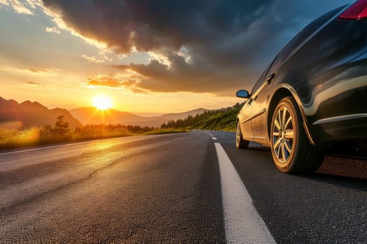 car on mountain road traveling around the world highways and sunset, tires on the asphalt road.