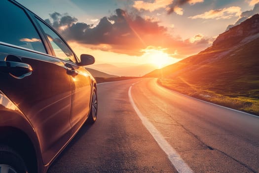car on mountain road traveling around the world highways and sunset, tires on the asphalt road.