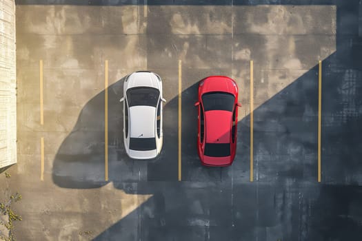 Top Angle View of Cars Parked on outdoor Parking Lots area in front of building with Shadow.