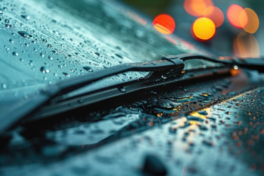 Car windshield with rain drops and frameless wiper blade closeup. ai generative.