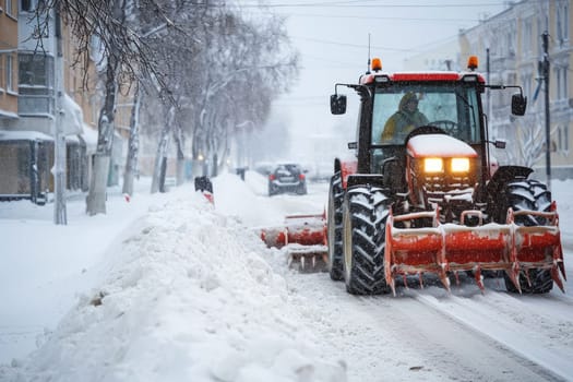 Tractor with Snow Plow Attachment Clearing Snow on Winter . Generative AI.