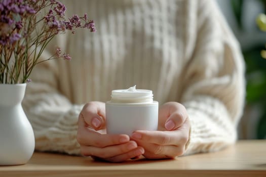 Woman hand holding moisturizer cream jar. Defocused background. Generative AI.
