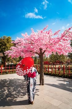 Asian girl in kimono and umbrella in Japanese theme park Hinoki Land in Chai Prakan District, Chiang Mai