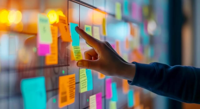 Agile software development scrum methodology boards. workflow, Finger touching virtual interface.AI generative.