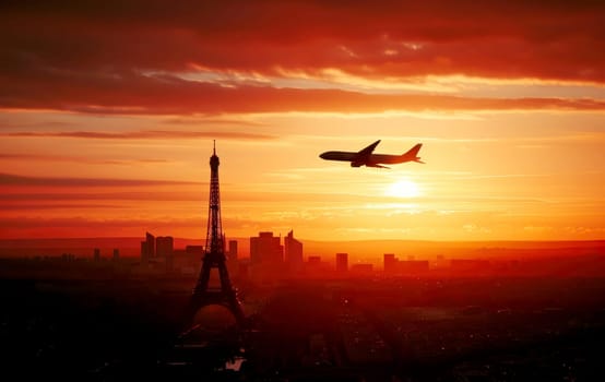 Airplane above Eiffel tower in Paris, c, travel Europe, scenic, relocation.ai generative.