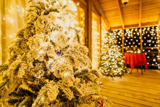 Snow-covered Christmas tree with bright white lights situated outdoors near a building, a welcoming festive moment