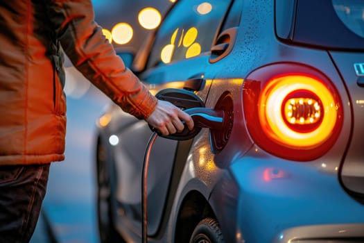 Close up shot of a man charging electric car. Generative AI.