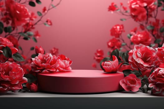 rose background with a podium backdrop for product presentation. valentine concept. Generative AI.