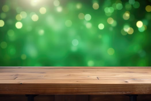 St. Patrick's Day concept. wooden table in front of shamrock leaf background . Generative Ai..