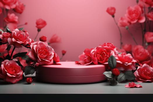 rose background with a podium backdrop for product presentation. valentine concept. Generative AI.