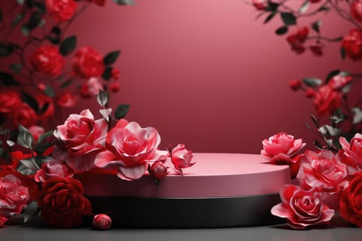 rose background with a podium backdrop for product presentation. valentine concept. Generative AI.