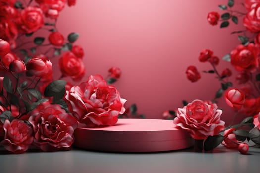 rose background with a podium backdrop for product presentation. valentine concept. Generative AI.