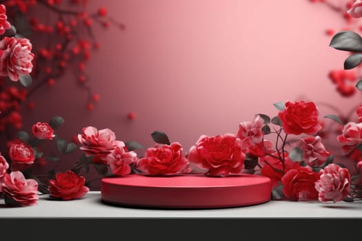 rose background with a podium backdrop for product presentation. valentine concept. Generative AI.