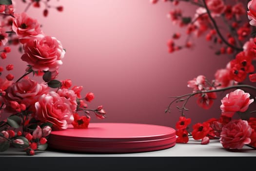 rose background with a podium backdrop for product presentation. valentine concept. Generative AI.