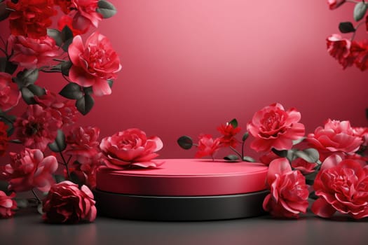 rose background with a podium backdrop for product presentation. valentine concept. Generative AI.