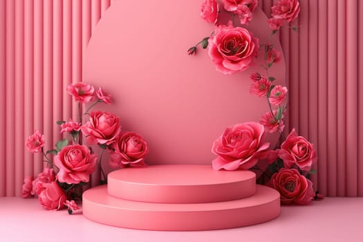 rose background with a podium backdrop for product presentation. valentine concept. Generative AI.