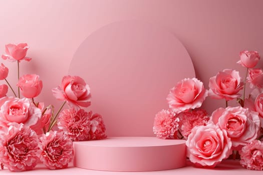 rose background with a podium backdrop for product presentation. valentine concept. Generative AI.