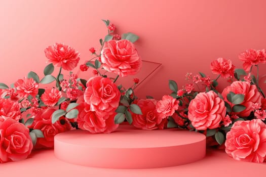 rose background with a podium backdrop for product presentation. valentine concept. Generative AI.