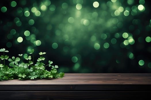 St. Patrick's Day concept. wooden table in front of shamrock leaf background . Generative Ai..