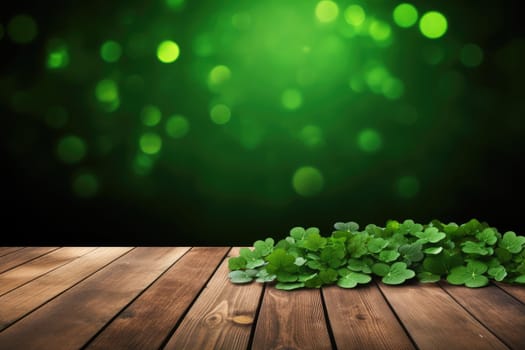 St. Patrick's Day concept. wooden table in front of shamrock leaf background . Generative Ai..