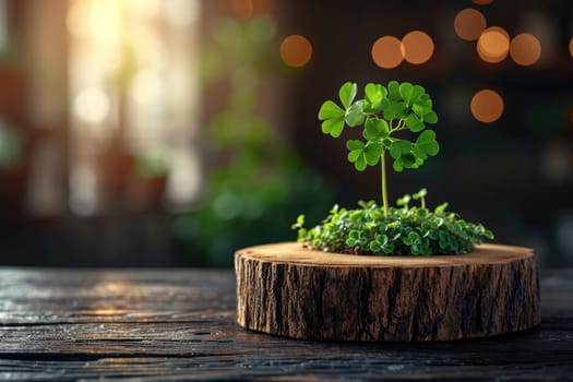 St. Patrick's Day concept. wooden table in front of shamrock leaf background . Generative Ai..