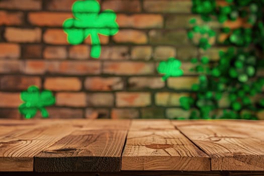 St. Patrick's Day concept. wooden table in front of shamrock leaf background . Generative Ai..