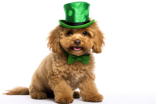 a dog portrait with a hat for St. Patrick's Day, in the style of fantasy illustration. Generative AI.