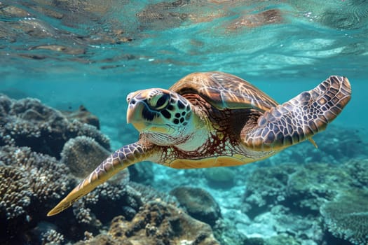 Sea turtle swims under water. Generative AI..