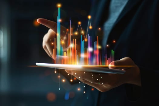 businessman points at a chart depicting financial goals and worldwide business planning.