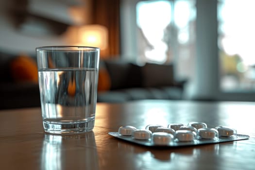 a glass of water on wooden table next to a pill.ai generative.