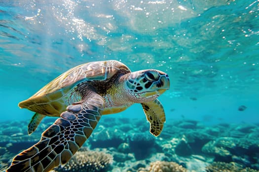 Sea turtle swims under water. Generative AI..