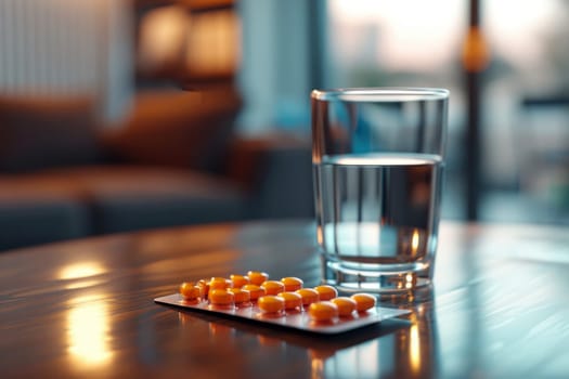 a glass of water on wooden table next to a pill.ai generative.