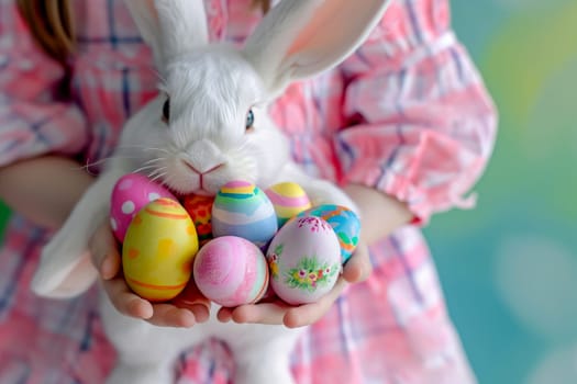 Landscape with a girl hold Easter eggs, Easter egg hunt. Generative AI.