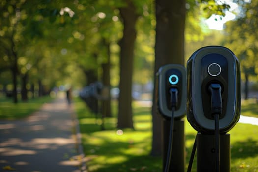 EV fast electric vehicle chargers station in park city, Generative AI.