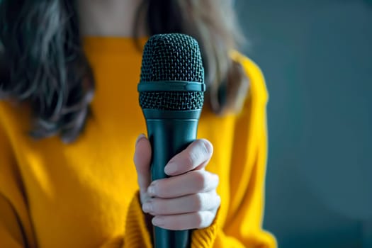 Woman reporter with a microphone at work. AI generated, human enhanced.