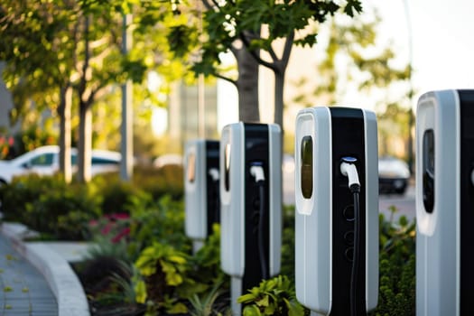 EV fast electric vehicle chargers station in park city, Generative AI.