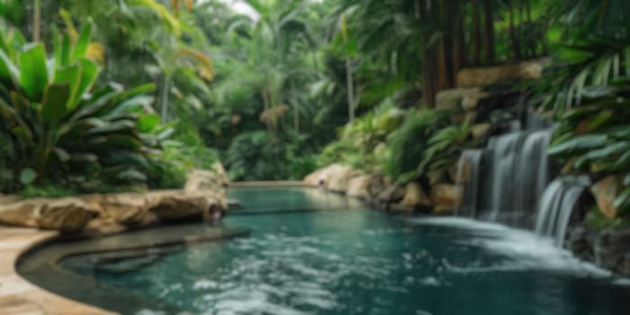 Blur background of luxurious resort spa relaxation area amidst dense tropical greenery. Resplendent.