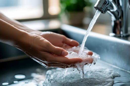 Close up shot of hands washing in the sink. Generative AI.
