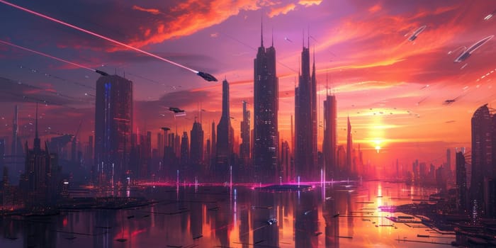 Futuristic city glows with soft hues, complemented by the sleek design of hovering vehicles above the vibrant skyline. Resplendent.