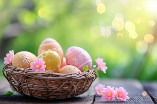 Easter basket with Easter eggs on wooden table , green background. ai generative.