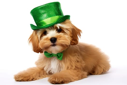 a dog portrait with a hat for St. Patrick's Day, in the style of fantasy illustration. Generative AI.