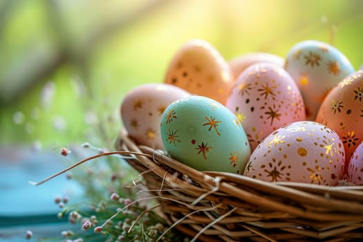 Easter basket with Easter eggs on wooden table , green background. ai generative.