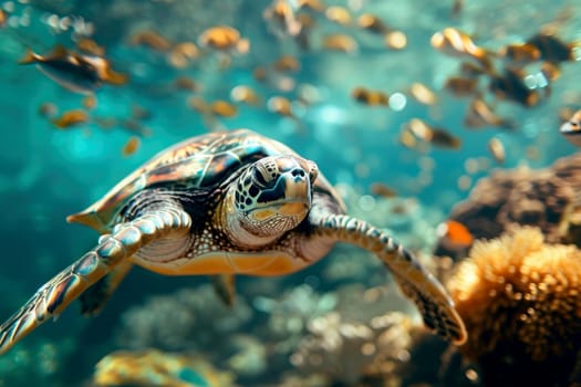 Sea turtle swims under water. Generative AI..