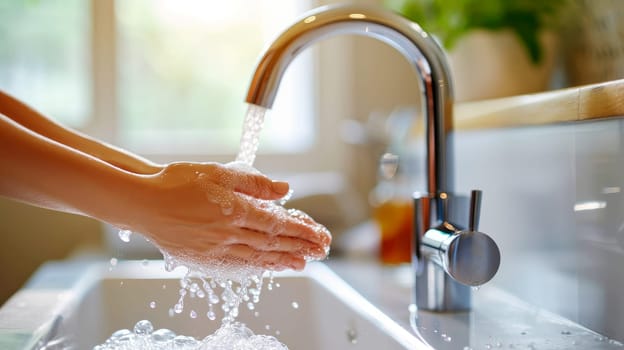 Close up shot of hands washing in the sink. Generative AI.