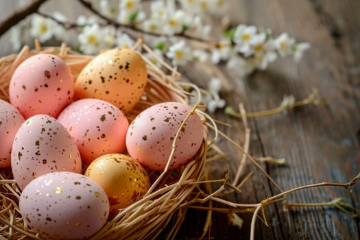 Easter basket with Easter eggs on wooden table , green background. ai generative.