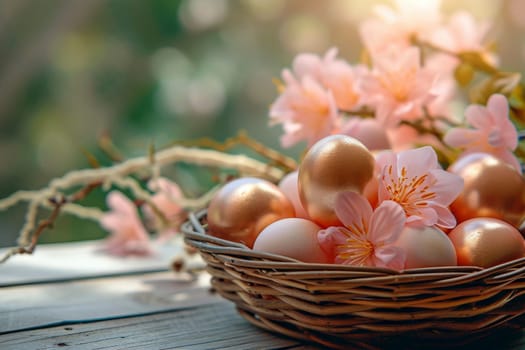 Easter basket with Easter eggs on wooden table , green background. ai generative.