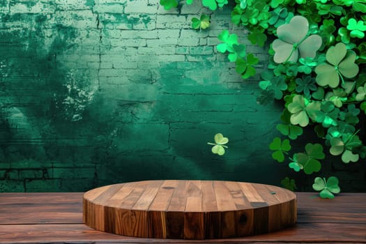 St. Patrick's Day concept. wooden table in front of shamrock leaf background . Generative Ai..