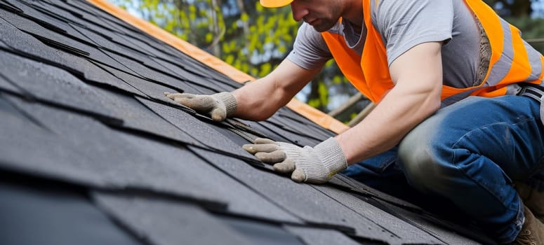 Construction worker hands working on roof tiles installation closeup. Generative AI.