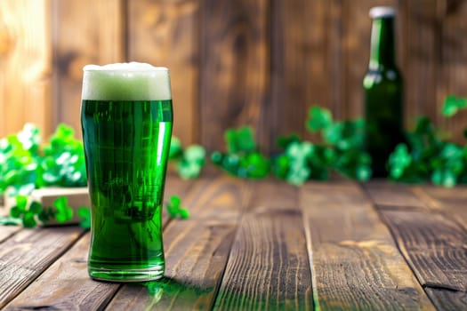 Glass of green beer on table, st patricks day concept. Ai generative.