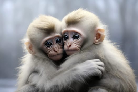 Mother monkey with her monkey child hug together in shinning light. Generative AI.